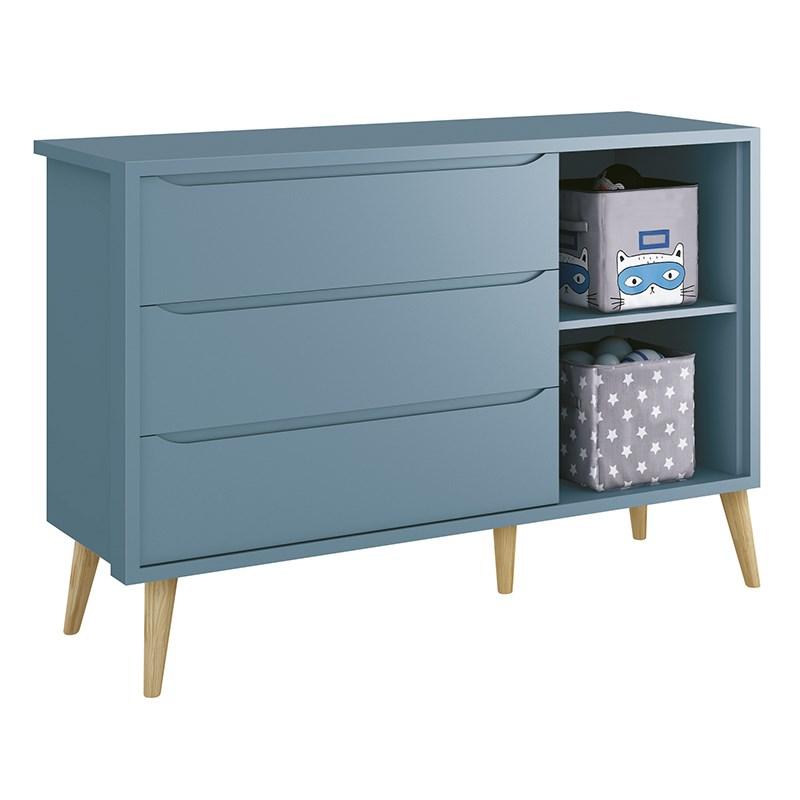 Dormitório Theo 3 Portas Azul com Pés Madeira Natural e Colchão D18 Branco - Reller Móveis