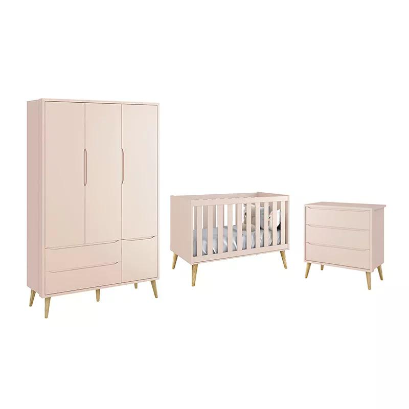 Dormitório Theo 3 Portas e Cômoda 3 Gavetas Rosa com Pés Madeira Natural - Reller Móveis