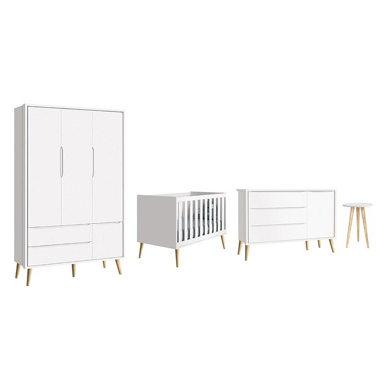 Dormitório Theo 3 Portas e Mesa de Canto Branco com Pés Madeira Natural - Reller Móveis