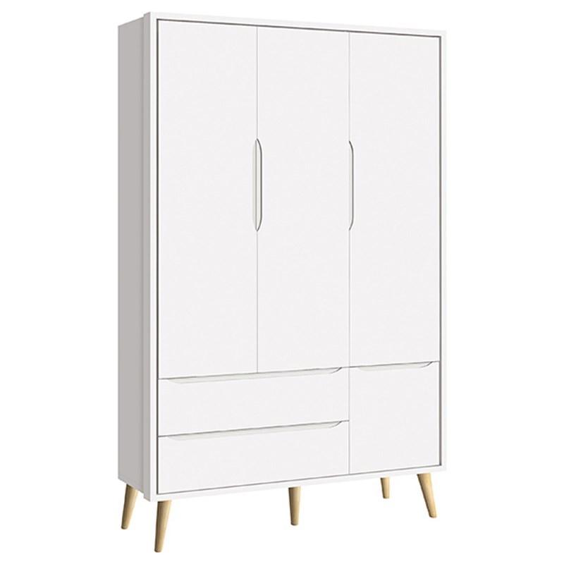 Dormitório Theo 3 Portas e Mesa de Canto Branco com Pés Madeira Natural - Reller Móveis
