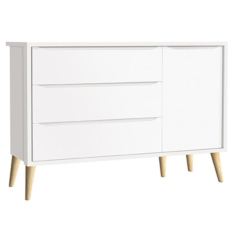 Dormitório Theo 3 Portas e Mesa de Canto Branco com Pés Madeira Natural - Reller Móveis