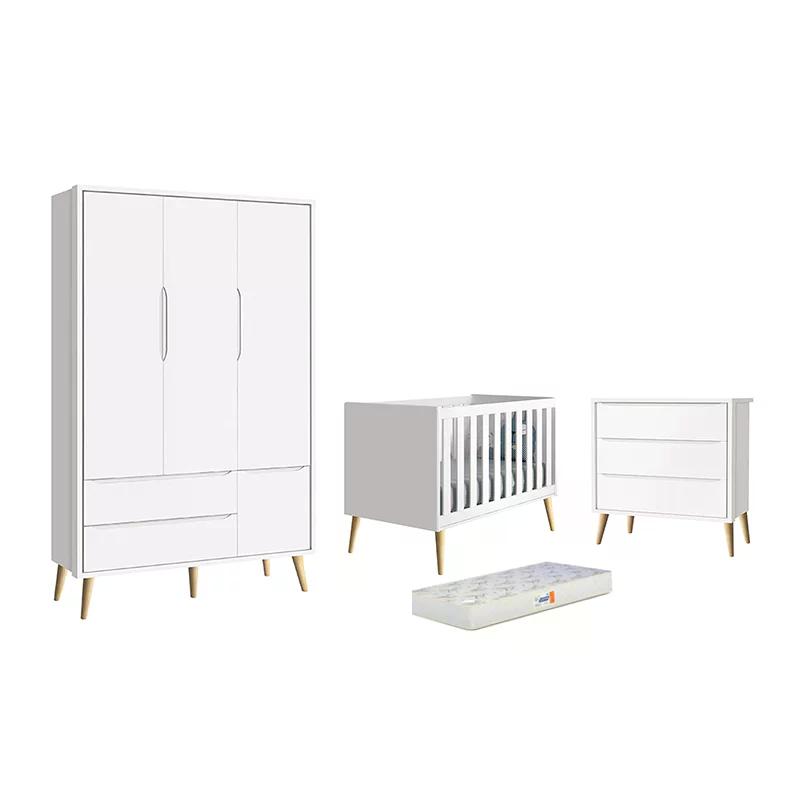 Dormitório Theo 3 Portas, Cômoda 3 Gavetas Branco com Pés Madeira Natural e Colchão D18 - Reller Móveis