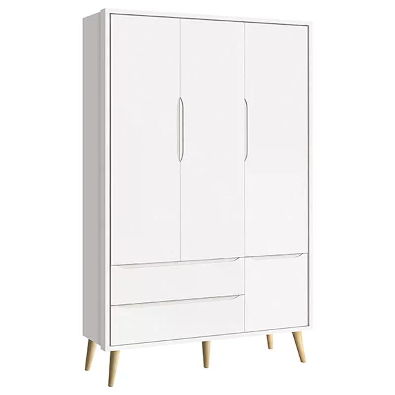 Dormitório Theo 3 Portas, Cômoda 3 Gavetas Branco com Pés Madeira Natural e Colchão D18 - Reller Móveis