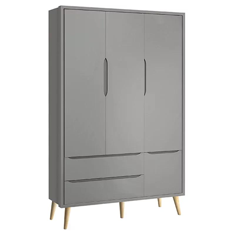 Dormitório Theo 3 Portas, Cômoda 3 Gavetas Cinza com Pés Madeira Natural e Colchão D18 - Reller Móveis