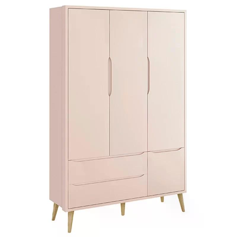 Dormitório Theo 3 Portas, Cômoda 3 Gavetas Rosa com Pés Madeira Natural e Colchão D18 - Reller Móveis
