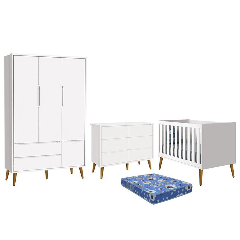 Dormitório Theo 3 Portas, Cômoda 6 Gavetas, Berço Branco Fosco com Pés Amadeirado e Colchão - Reller Móveis