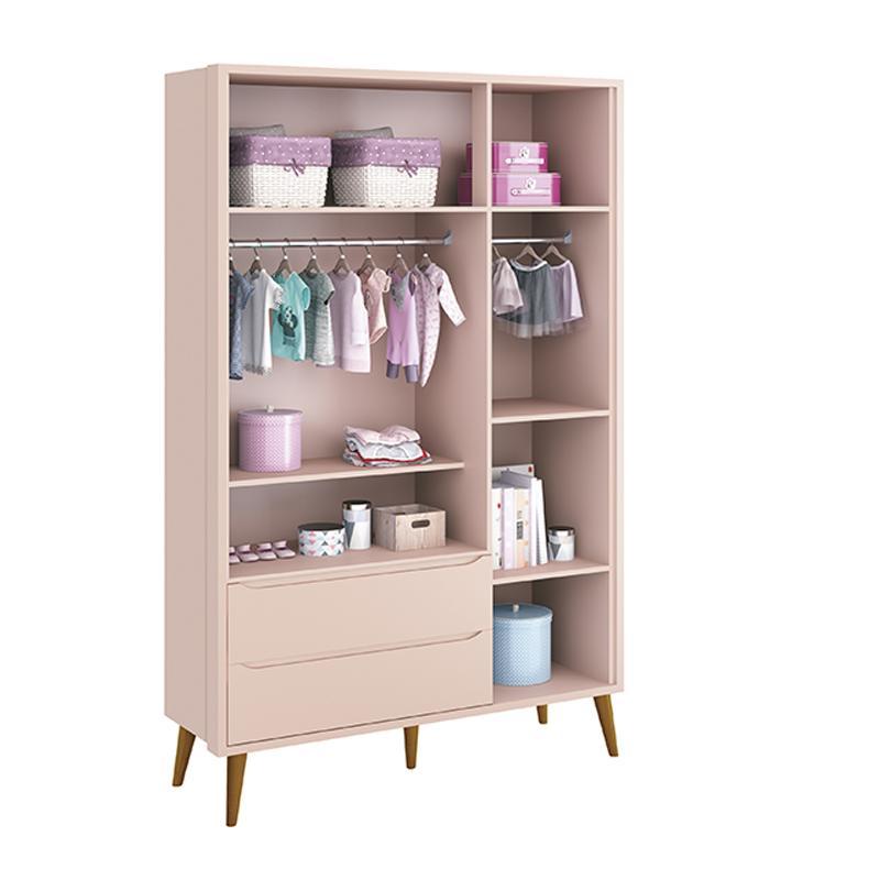Dormitório Theo 3 Portas, Cômoda 6 Gavetas, Berço Rosa Fosco com Pés Amadeirado e Colchão - Reller Móveis