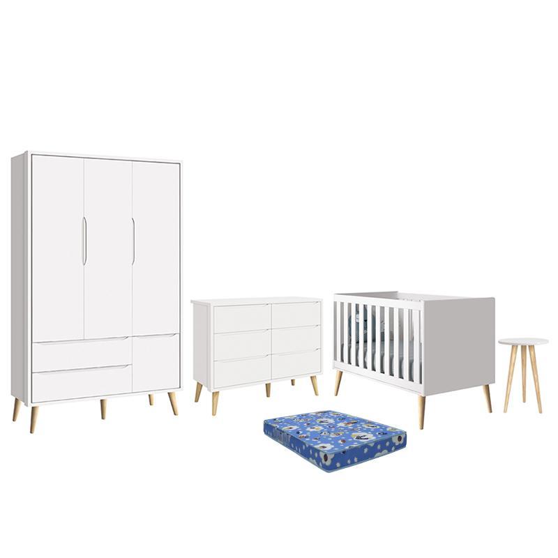 Dormitório Theo 3 Portas, Cômoda 6 Gavetas, Berço, Mesa de Canto Branco Fosco com Pés Madeira Natural e Colchão - Reller Móveis