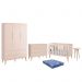 Dormitório Theo 3 Portas, Cômoda 6 Gavetas, Berço, Mesa de Canto Rosa Fosco com Pés Madeira Natural e Colchão - Reller Móveis