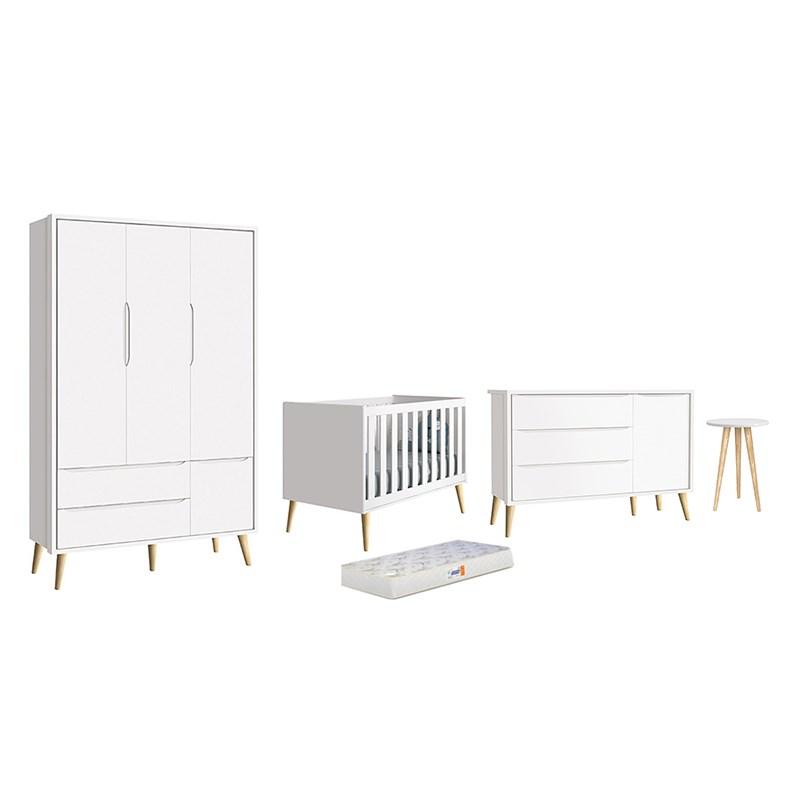 Dormitório Theo 3 Portas, Mesa de Canto Branco com Pés Madeira Natural e Colchão D18 - Reller Móveis