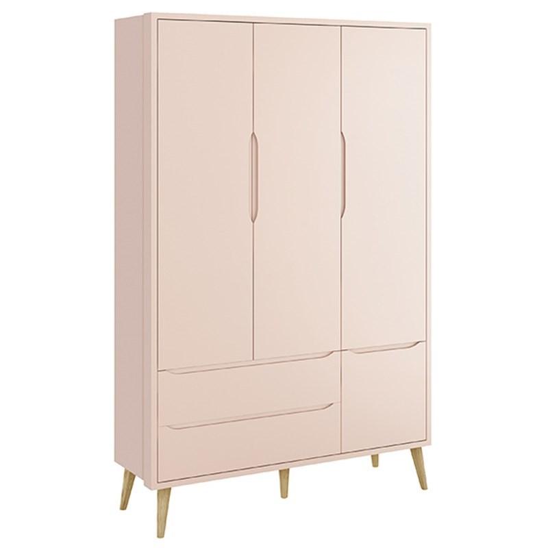 Dormitório Theo 3 Portas, Mesa de Canto Rosa com Pés Madeira Natural e Colchão D18 - Reller Móveis