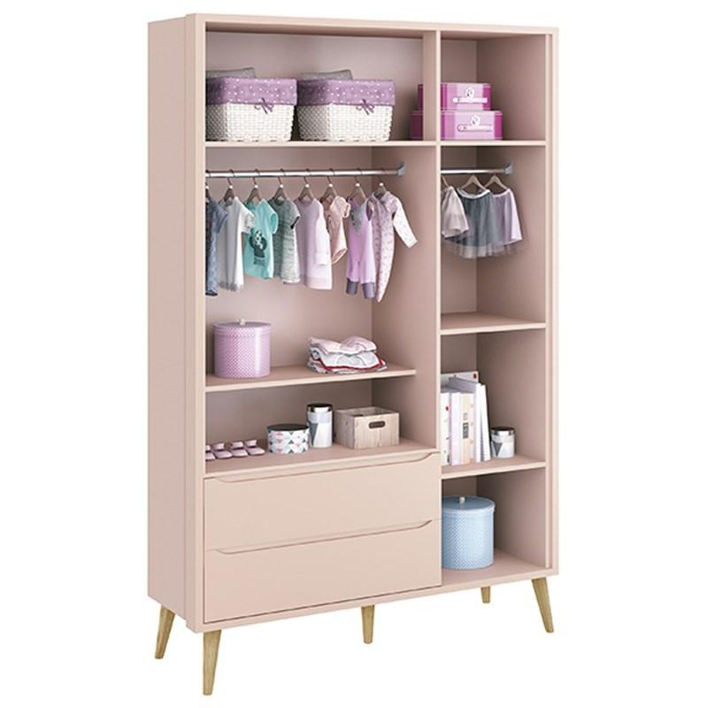 Dormitório Theo 3 Portas, Mesa de Canto Rosa com Pés Madeira Natural e Colchão D18 - Reller Móveis