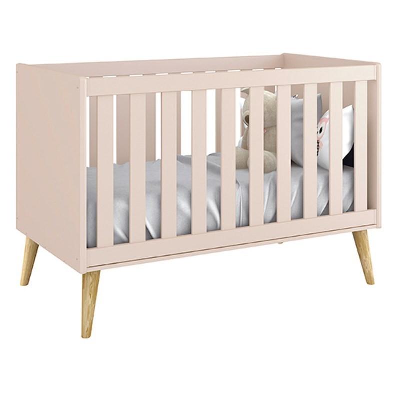 Dormitório Theo 3 Portas, Mesa de Canto Rosa com Pés Madeira Natural e Colchão D18 - Reller Móveis