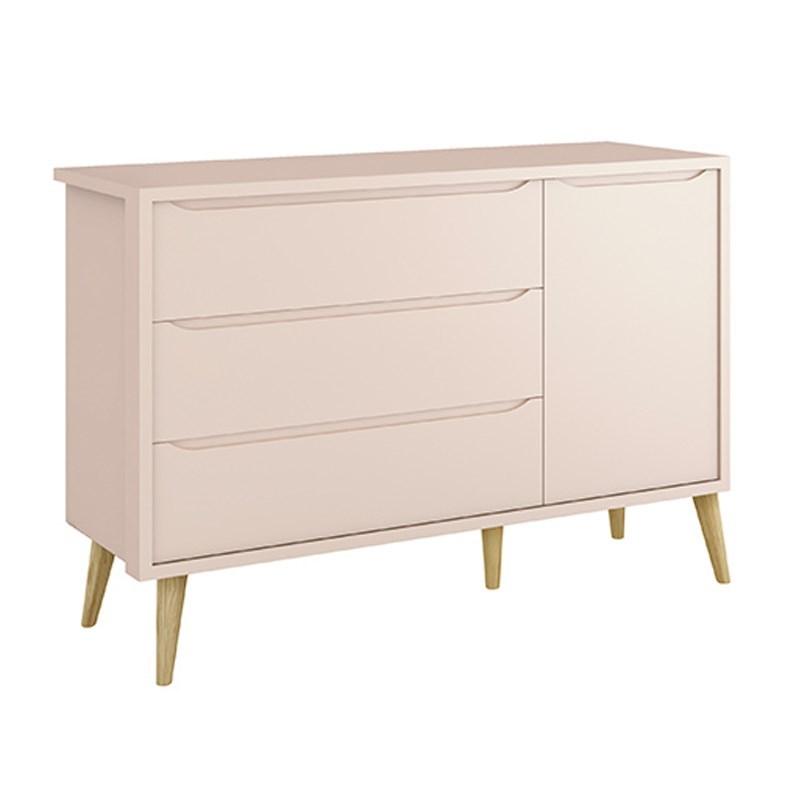 Dormitório Theo 3 Portas, Mesa de Canto Rosa com Pés Madeira Natural e Colchão D18 - Reller Móveis