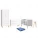 Dormitório Theo Retrô 2 Portas, Cômoda 1 Porta, Berço, Mesa de Apoio Branco Fosco com Pés Madeira Natural e Colchão - Reller Móveis 