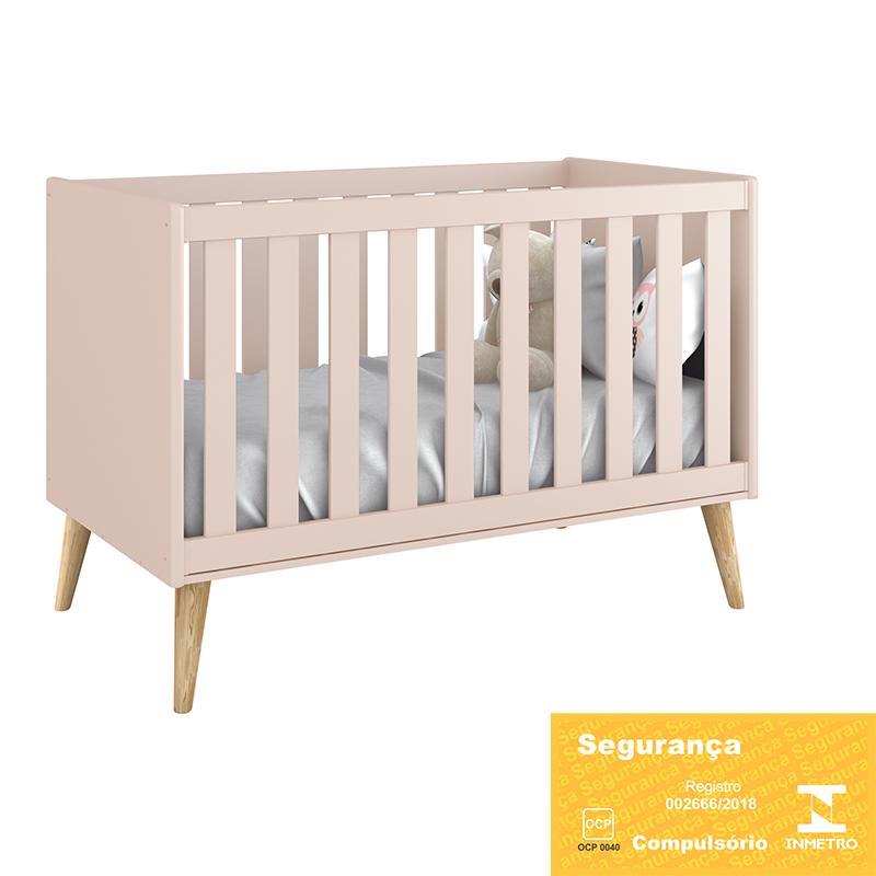 Dormitório Theo Retrô 2 Portas, Cômoda 1 Porta, Berço, Mesa de Apoio Rosa Fosco com Pés Madeira Natural e Colchão - Reller Móveis