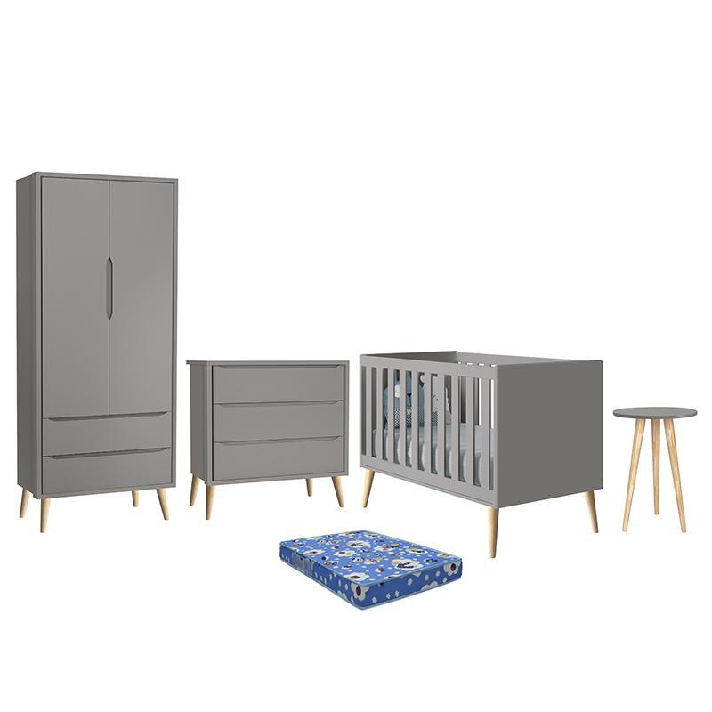Dormitório Theo Retrô 2 Portas, Cômoda, Berço, Mesa de Apoio Cinza Fosco com Pés Madeira Natural e Colchão - Reller Móveis 