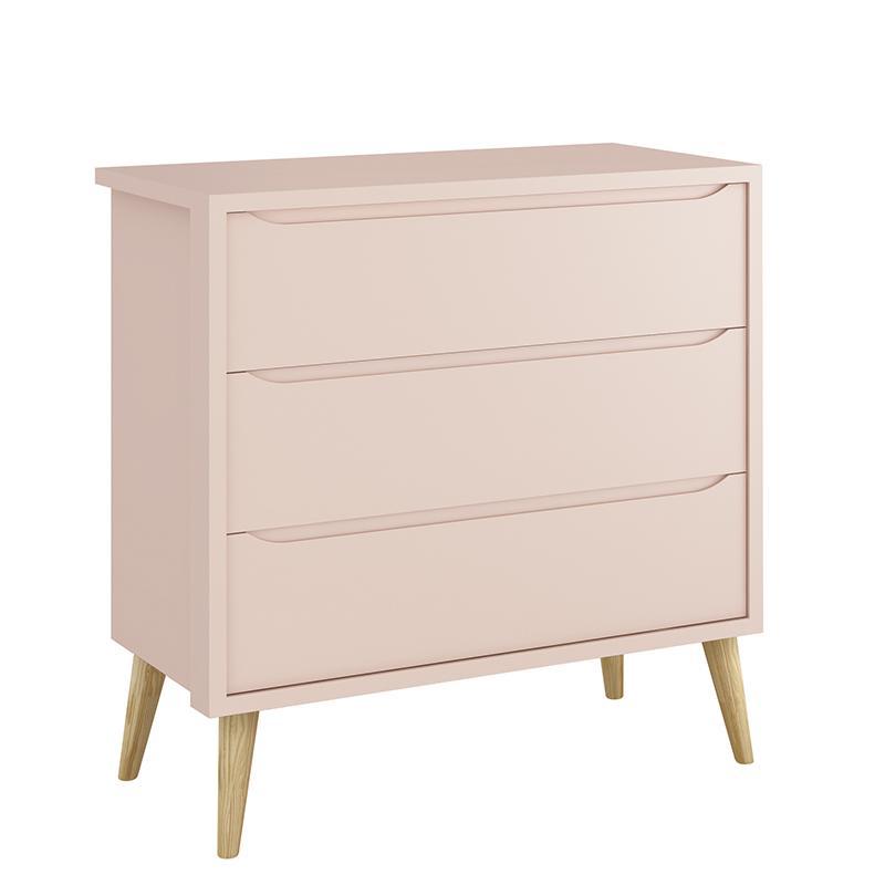 Dormitório Theo Retrô 2 Portas, Cômoda, Berço, Mesa de Apoio Rosa Fosco com Pés Madeira Natural e Colchão - Reller Móveis