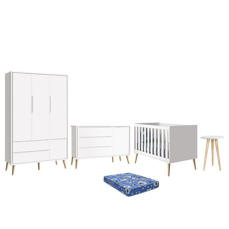 Dormitório Theo Retrô 3 Portas, Cômoda 1 Porta, Berço, Mesa de Apoio Branco Fosco com Pés Madeira Natural e Colchão - Reller Móveis