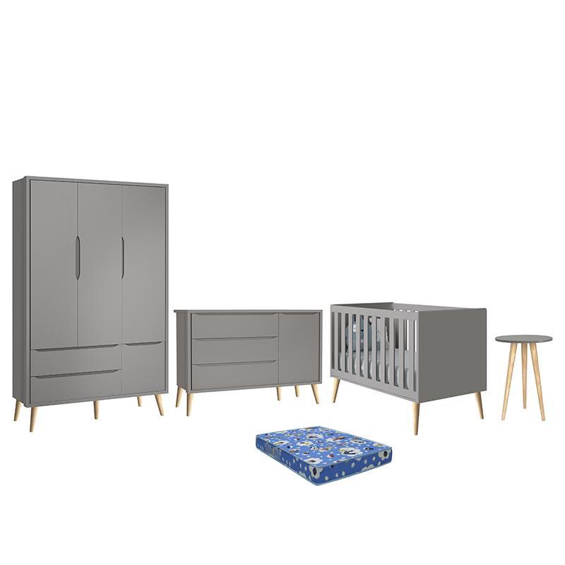 Dormitório Theo Retrô 3 Portas, Cômoda 1 Porta, Berço, Mesa de Apoio Cinza Fosco com Pés Madeira Natural e Colchão - Reller Móveis 