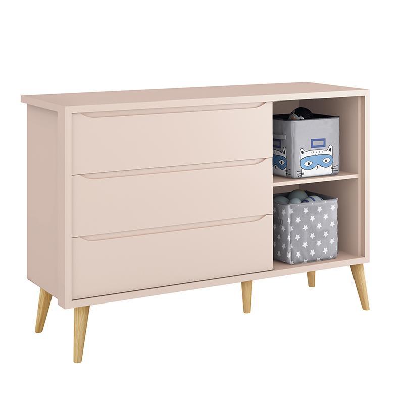 Dormitório Theo Retrô 3 Portas, Cômoda 1 Porta, Berço, Mesa de Apoio Rosa Fosco com Pés Madeira Natural e Colchão - Reller Móveis
