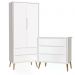 Guarda Roupa 2 Portas e Cômoda 3 Gav Theo Branco Fosco Pés Madeira Natural - Reller Móveis