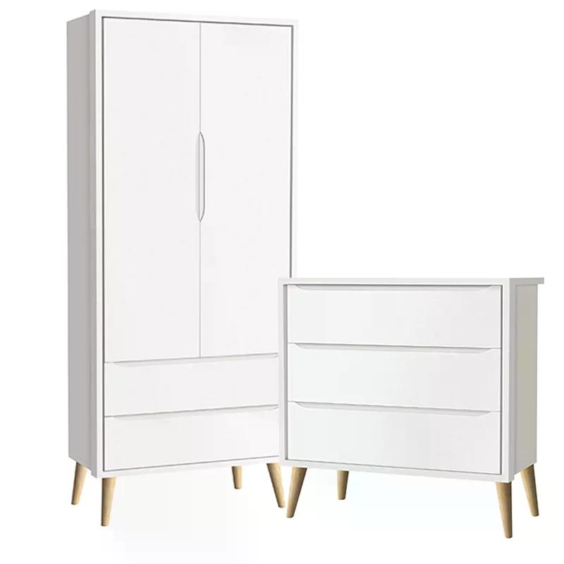 Guarda Roupa 2 Portas e Cômoda 3 Gav Theo Branco Fosco Pés Madeira Natural - Reller Móveis