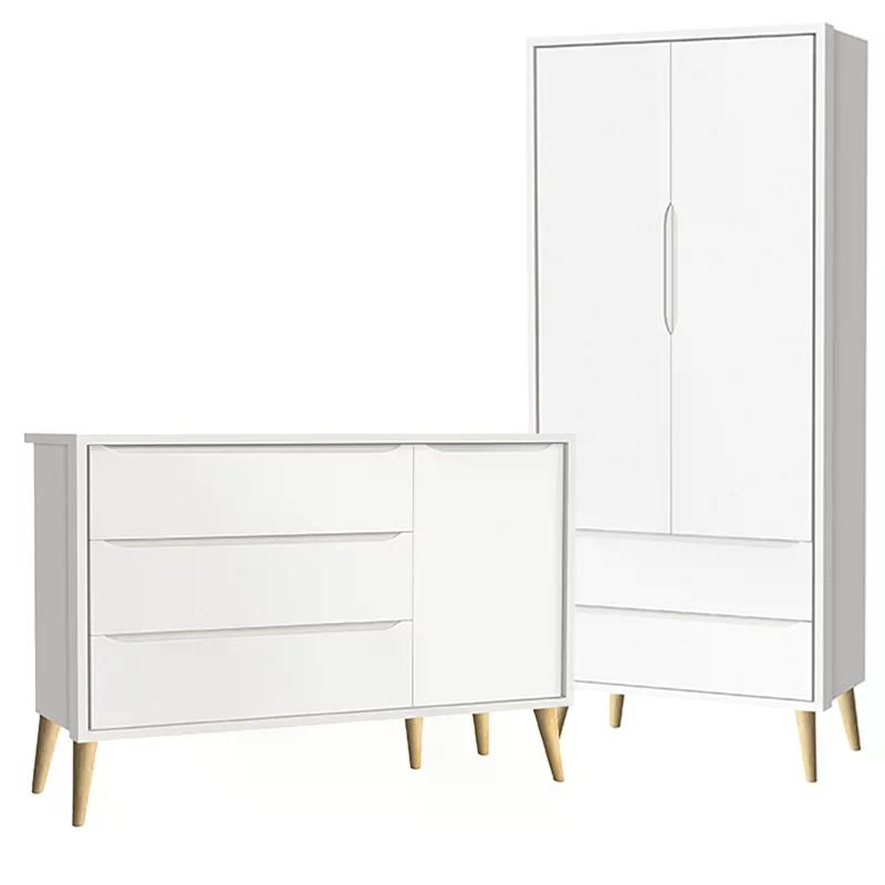 Guarda Roupa 2 Portas e Cômoda com Porta Theo Branco Fosco Pés Madeira Natural - Reller Móveis