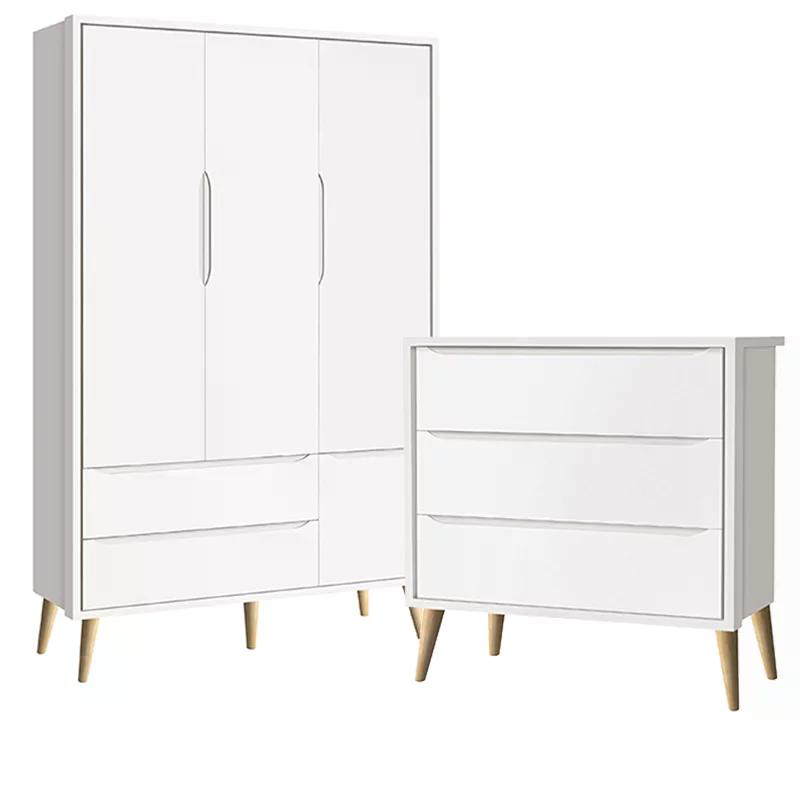 Guarda Roupa 3 Portas e Cômoda 3 Gav Theo Branco Fosco Pés Madeira Natural - Reller Móveis