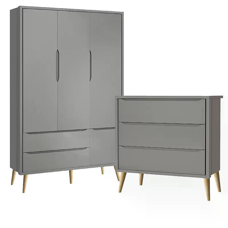 Guarda Roupa 3 Portas e Cômoda 3 Gav Theo Cinza Fosco Pés Madeira Natural - Reller Móveis