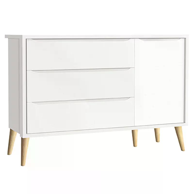 Guarda Roupa 3 Portas e Cômoda com Porta Theo Branco Fosco Pés Madeira Natural - Reller Móveis