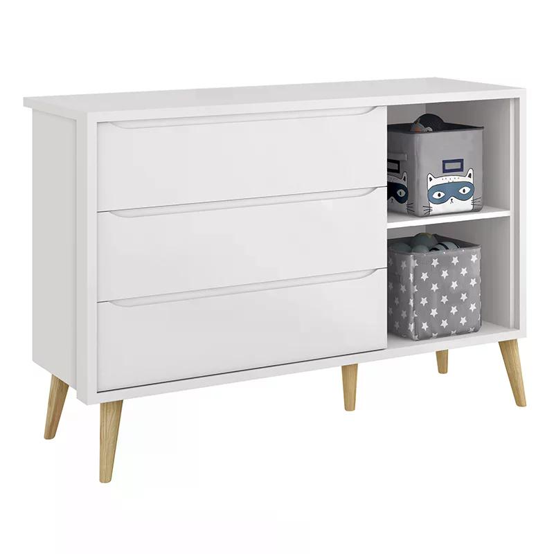 Guarda Roupa 3 Portas e Cômoda com Porta Theo Branco Fosco Pés Madeira Natural - Reller Móveis