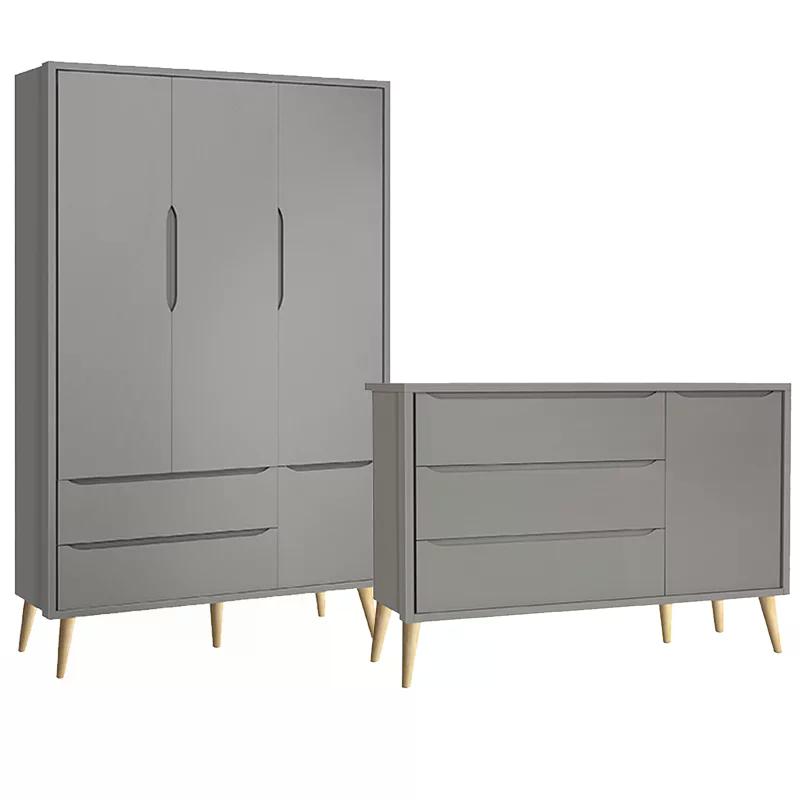 Guarda Roupa 3 Portas e Cômoda com Porta Theo Cinza Fosco Pés Madeira Natural - Reller Móveis