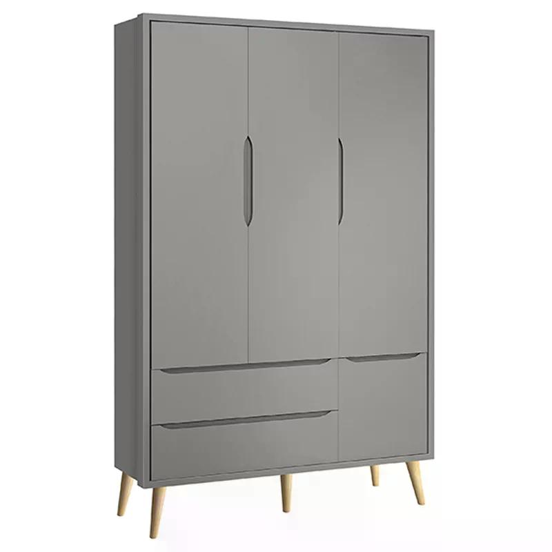 Guarda Roupa 3 Portas e Cômoda com Porta Theo Cinza Fosco Pés Madeira Natural - Reller Móveis