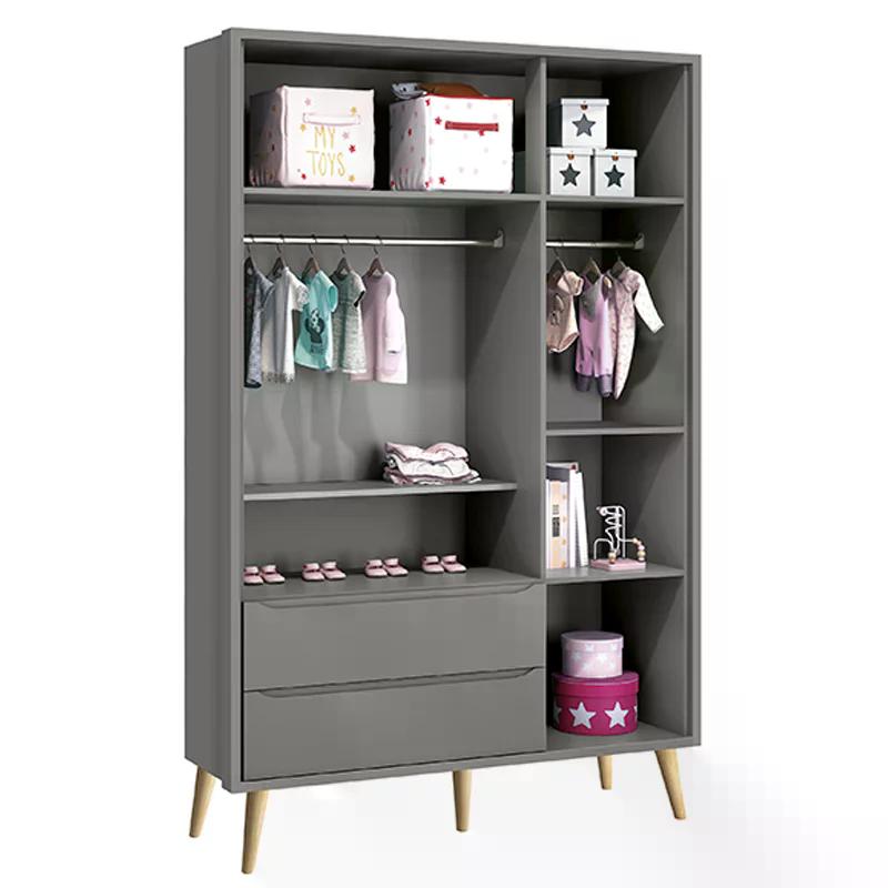 Guarda Roupa 3 Portas e Cômoda com Porta Theo Cinza Fosco Pés Madeira Natural - Reller Móveis