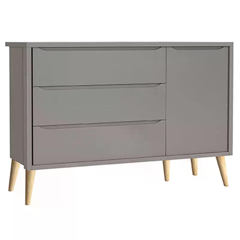 Guarda Roupa 3 Portas e Cômoda com Porta Theo Cinza Fosco Pés Madeira Natural - Reller Móveis