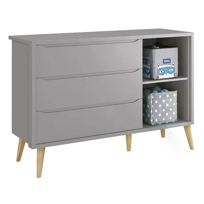 Guarda Roupa 3 Portas e Cômoda com Porta Theo Cinza Fosco Pés Madeira Natural - Reller Móveis