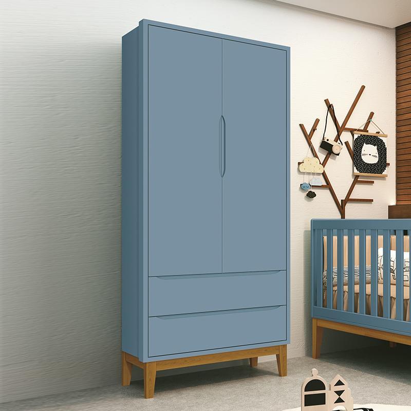 Guarda Roupa Infantil 2 Portas Classic Azul Fosco com Pés Amadeirado - Reller Móveis