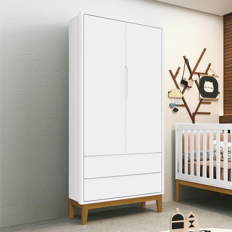 Guarda Roupa Infantil 2 Portas Classic Branco Fosco com Pés Amadeirado - Reller Móveis