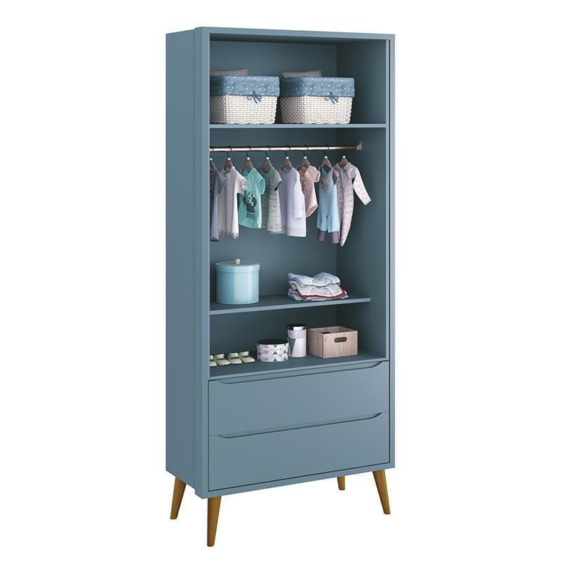 Guarda Roupa Infantil 2 Portas Theo Retrô Azul Fosco com Pés Amadeirado - Reller Móveis