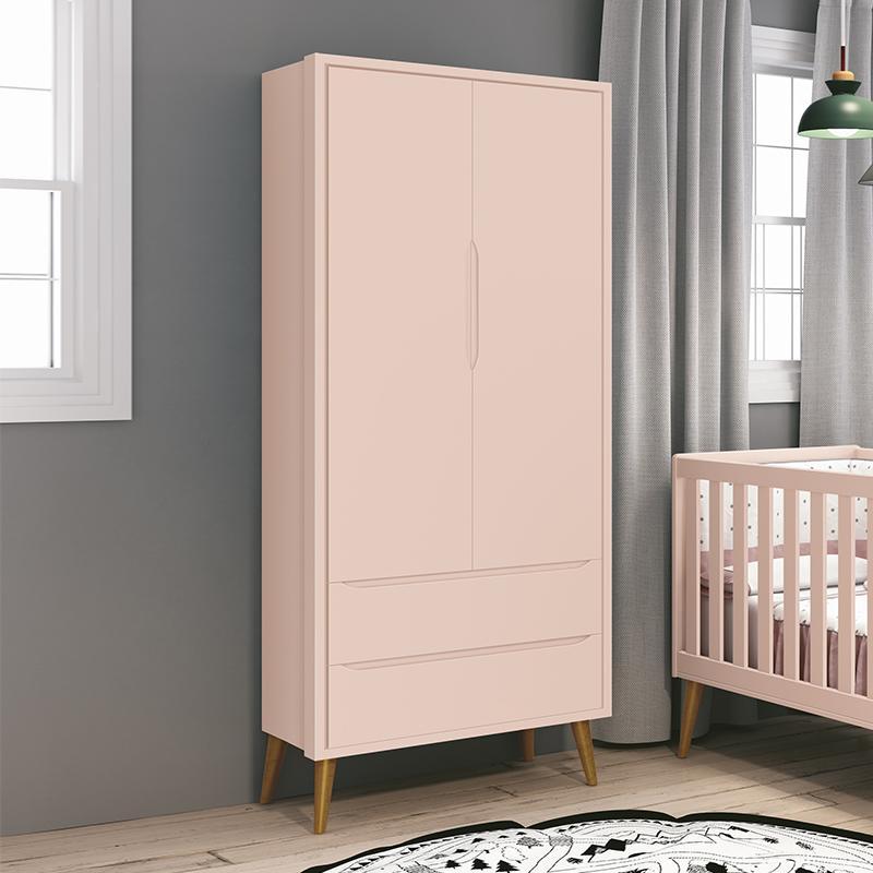 Guarda Roupa Infantil 2 Portas Theo Retrô Rosa Fosco com Pés Amadeirado - Reller Móveis