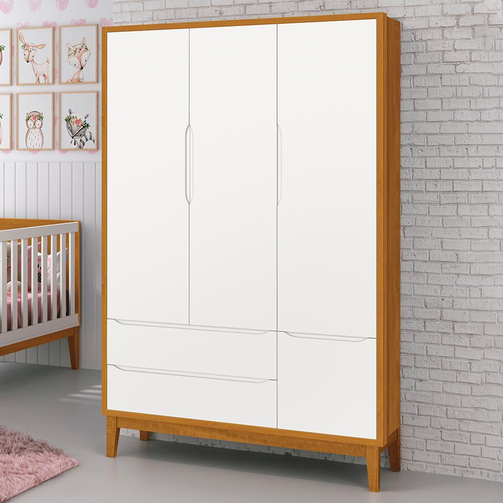 Guarda Roupa Infantil 3 Portas Classic Branco/Savana com Pés Amadeirado - Reller Móveis