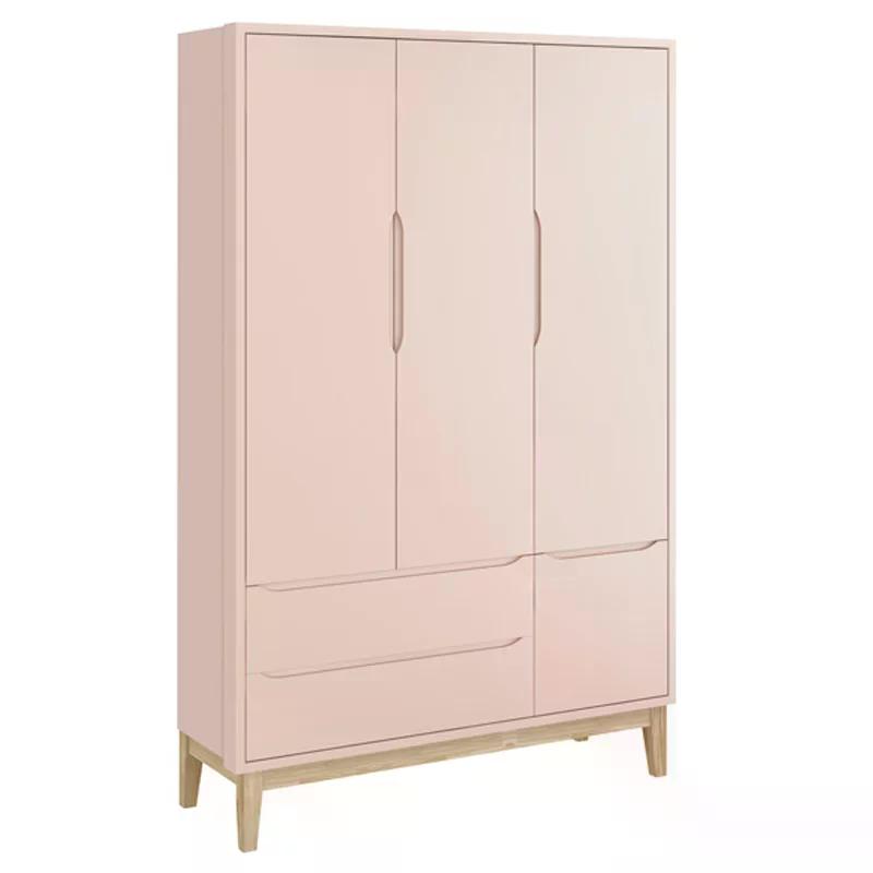 Guarda Roupa Infantil Classic 3 Portas Rosa Fosco com Pés Madeira Natural - Reller Móveis