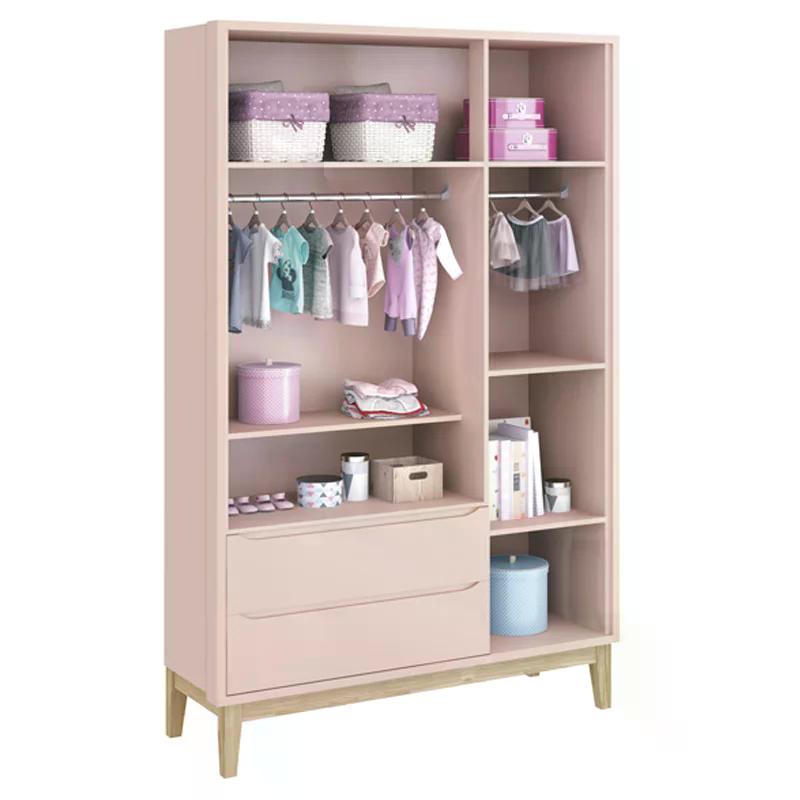 Guarda Roupa Infantil Classic 3 Portas Rosa Fosco com Pés Madeira Natural - Reller Móveis