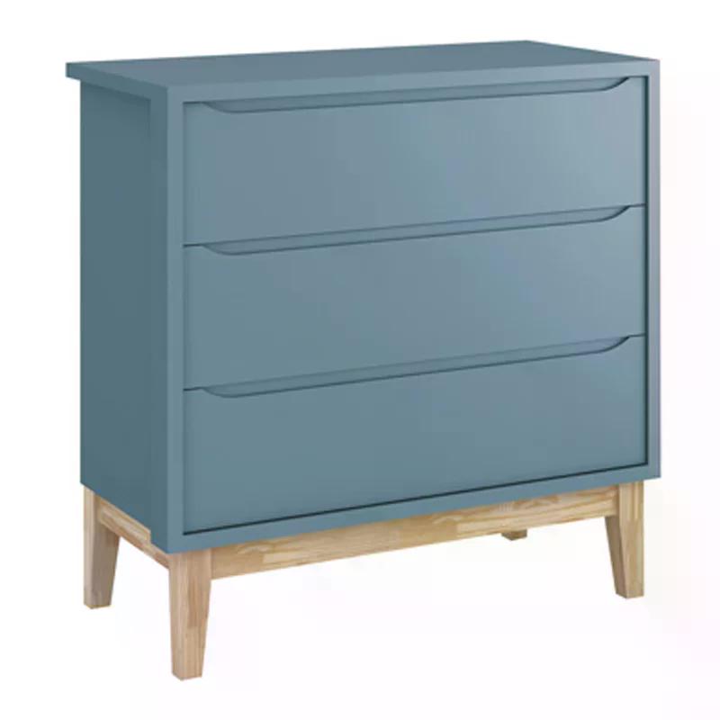 Jogo de Quarto Classic Cômoda 3 Gavetas e Berço Azul Fosco com Pés Madeira Natural - Reller Móveis