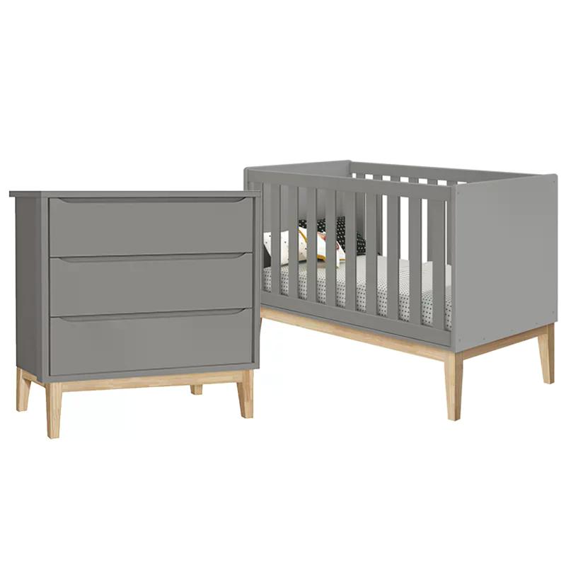 Jogo de Quarto Classic Cômoda 3 Gavetas e Berço Cinza Fosco com Pés Madeira Natural - Reller Móveis