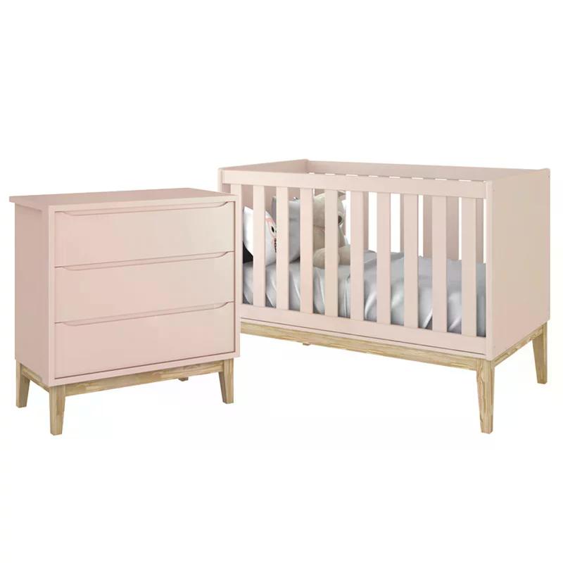 Jogo de Quarto Classic Cômoda 3 Gavetas e Berço Rosa Fosco com Pés Madeira Natural - Reller Móveis