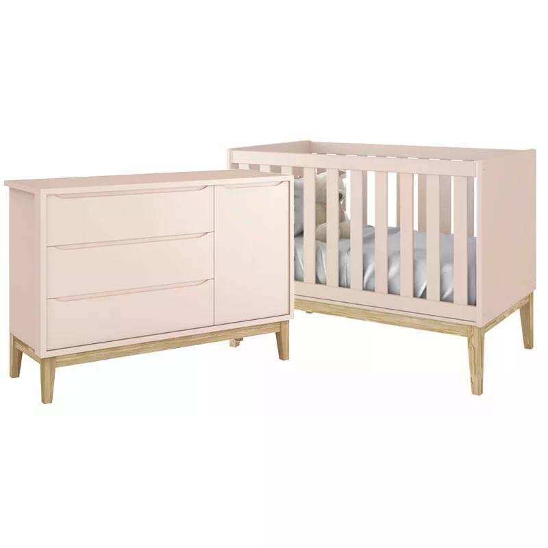 Jogo de Quarto Classic Cômoda com Porta e Berço Rosa Fosco com Pés Madeira Natural - Reller Móveis