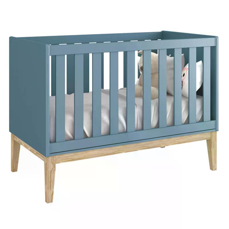 Jogo de Quarto Classic Guarda Roupa 2 Portas e Berço Azul Fosco com Pés Madeira Natural - Reller Móveis