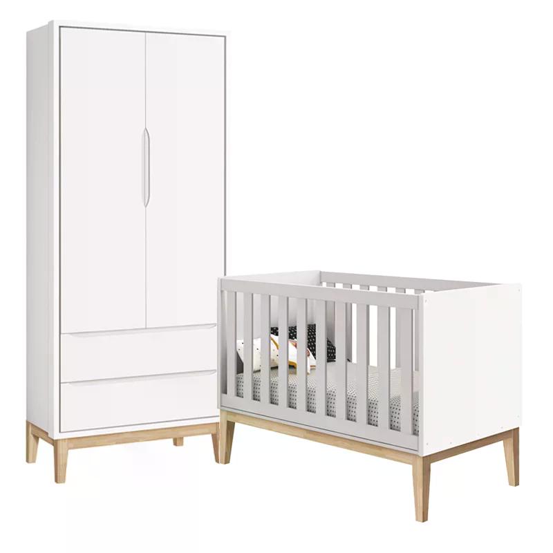 Jogo de Quarto Classic Guarda Roupa 2 Portas e Berço Branco Fosco com Pés Madeira Natural - Reller Móveis